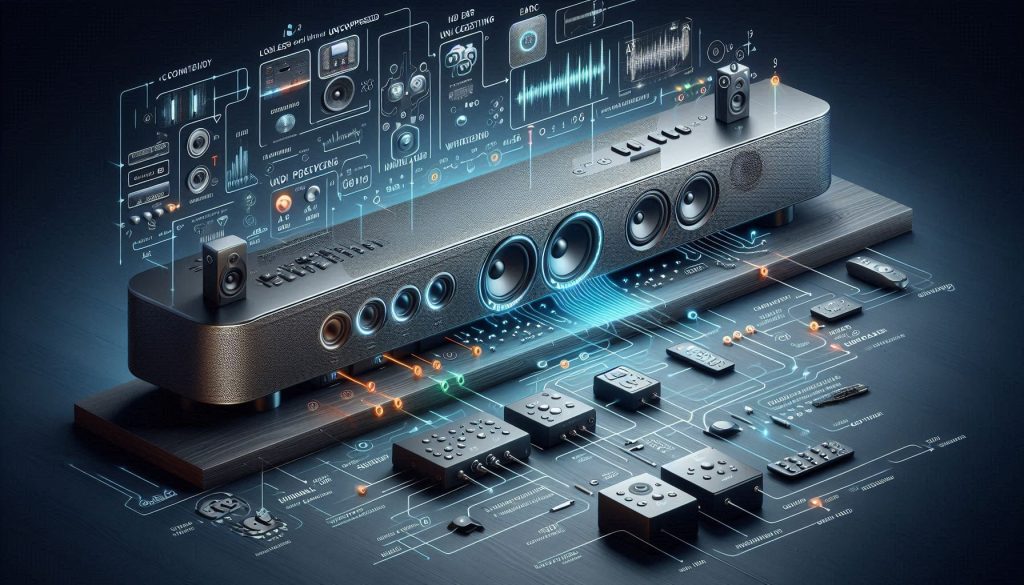 All-in-one soundbar with HDMI eARC connection, showing streaming, DSP processing, EQ, and latency overlays for gaming and multiroom integration.