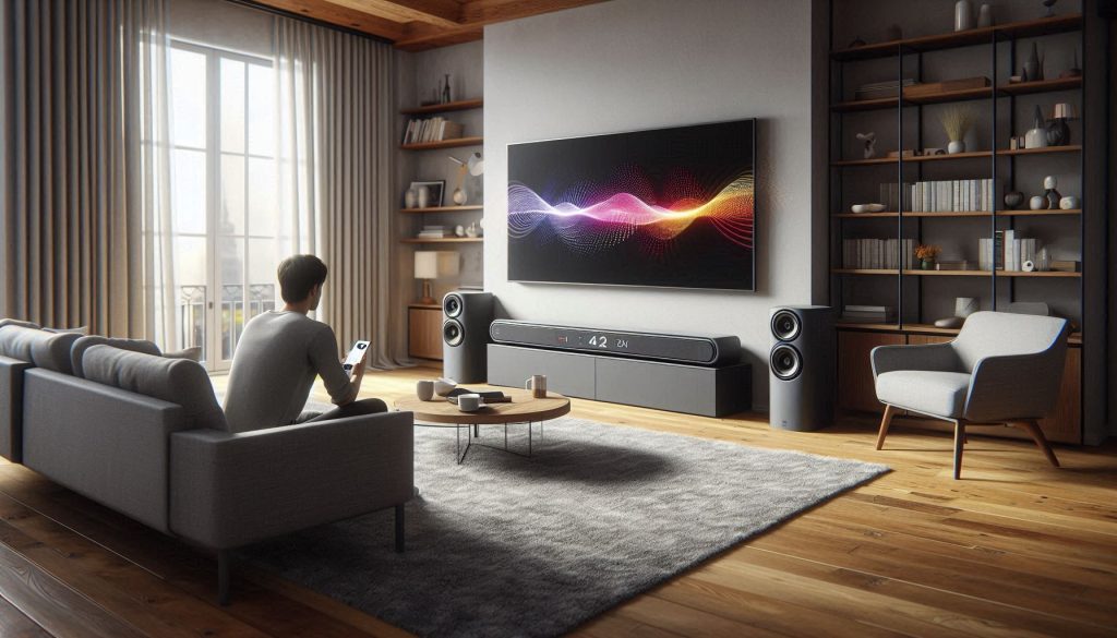 Soundbar placement and calibration for maximum dialogue clarity in a living room.