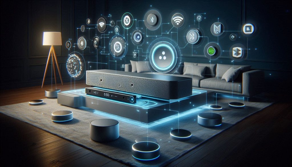 hyper-realistic living room showing soundbar ecosystem integration, modular upgrades, and future-proof features like earc and wi-fi casting