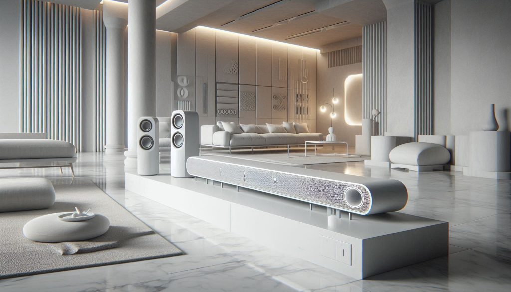 High-end white soundbar setup with subwoofer and rear speakers highlighting advanced audio features for Spotify