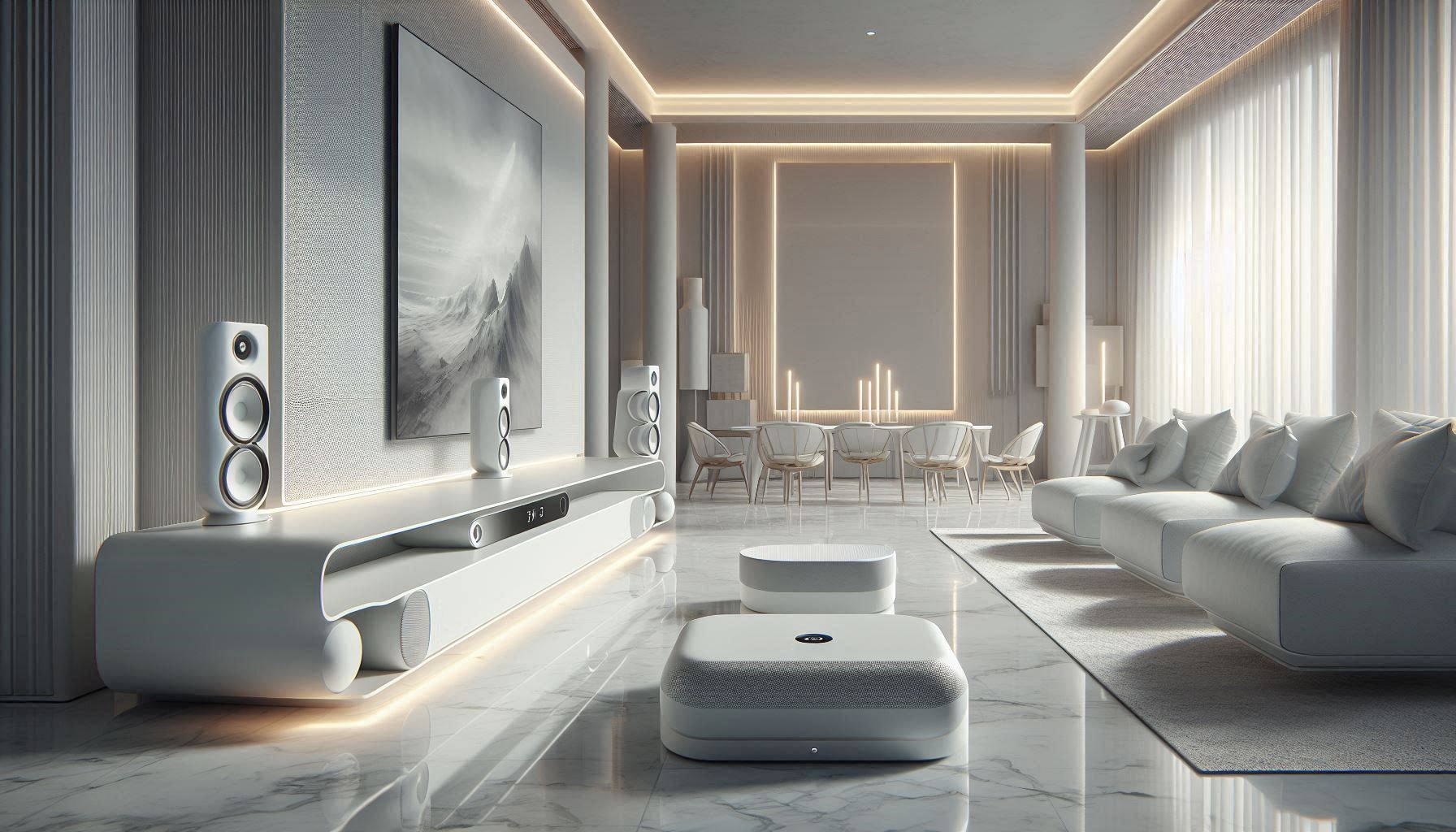 Four white soundbar designs including compact, subwoofer system, multi-driver array, and immersive object-based setup in luxurious modern interiors