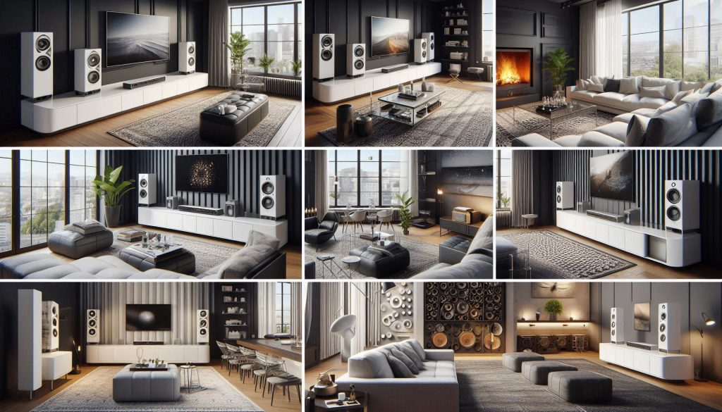White soundbar setups in luxury interiors showing casual, near-field, home theater/music, and multiroom/party listening contexts