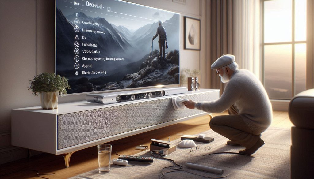 Luxury living room with white soundbar being cleaned and maintained, showing cable checks, firmware update icons, remote with spare batteries, and Bluetooth pairing cues