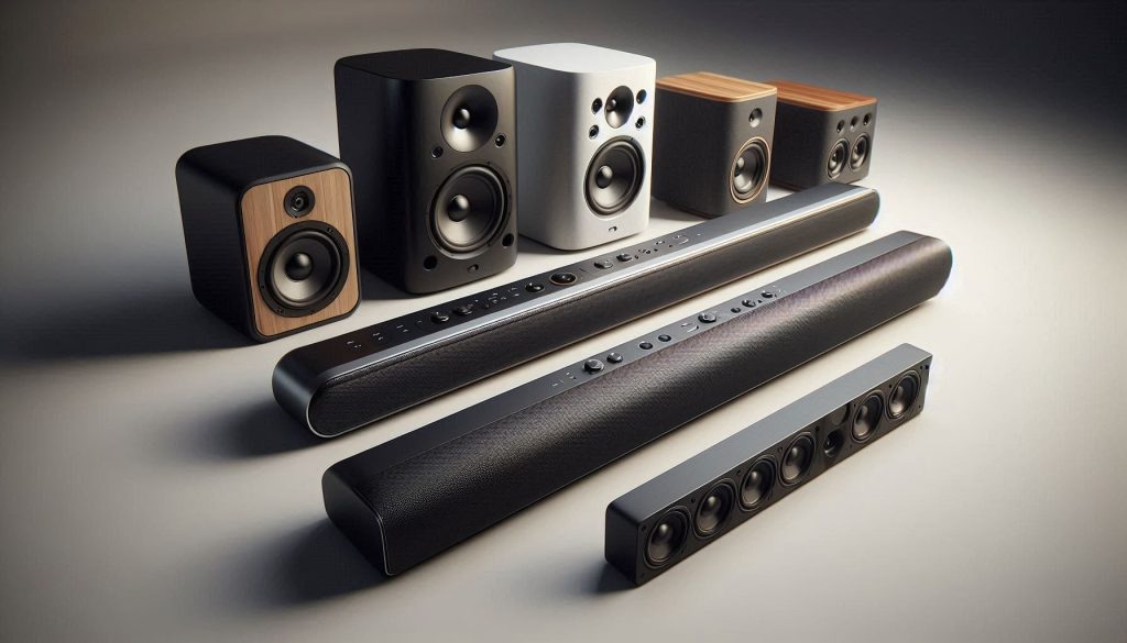 Multiple budget soundbars with wireless rear speakers and subwoofers, displayed for hardware-focused model comparison.
