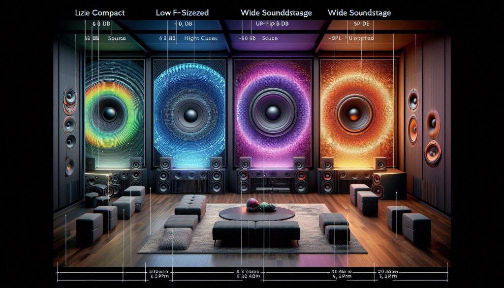 Four types of no-subwoofer soundbars—compact, mid-sized, wide soundstage, high-output—with visual overlays showing frequency, driver count, SPL, and trade-offs.