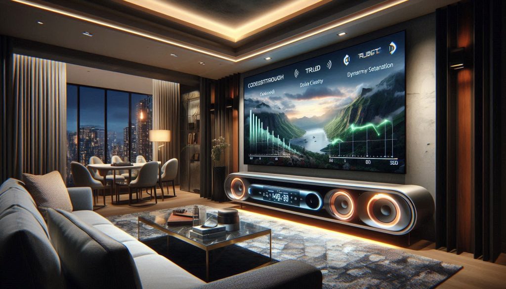 luxury penthouse home theater showing 4k hdr tv with high-end soundbar, visual indicators for dolby atmos and truehd passthrough, channel separation, bass extension, dialogue clarity, and lip-sync performance, hyper-realistic cinematic lighting and modern minimalist interior