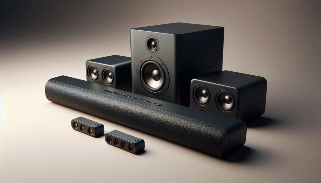 Budget soundbar system with wireless rear speakers and subwoofer, displayed in a clean hardware-focused render emphasizing placement and orientation.