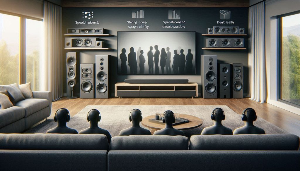 Hyper-realistic living room scene showing different soundbar listening priorities for hearing clarity.
