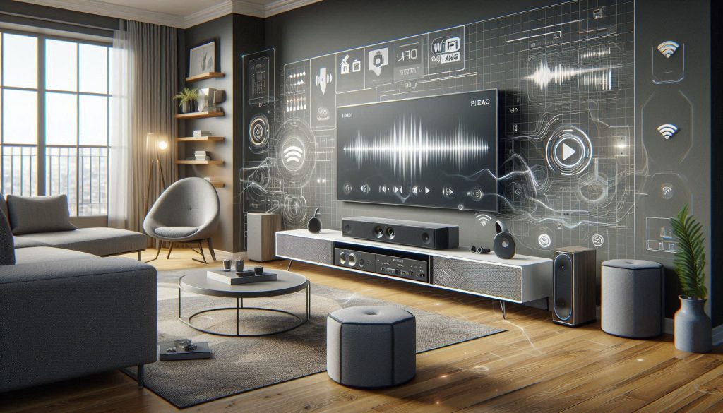 hyper-realistic living room showing wired and wireless soundbar setup with hdmi earc, wi-fi interference, and reliability indicators