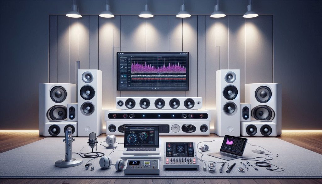 White luxury soundbars arranged in a modern high-end testing room with SPL meters, measurement microphone, and laptop displaying audio calibration graphs