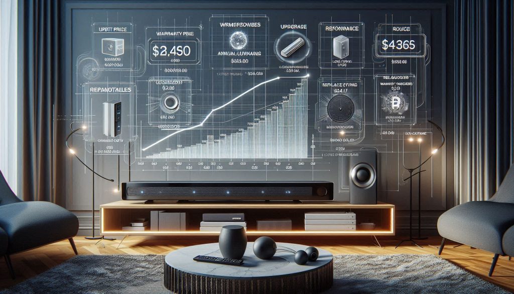 hyper-realistic living room illustrating soundbar total cost of ownership including upfront price, upgrades, maintenance, and long-term value