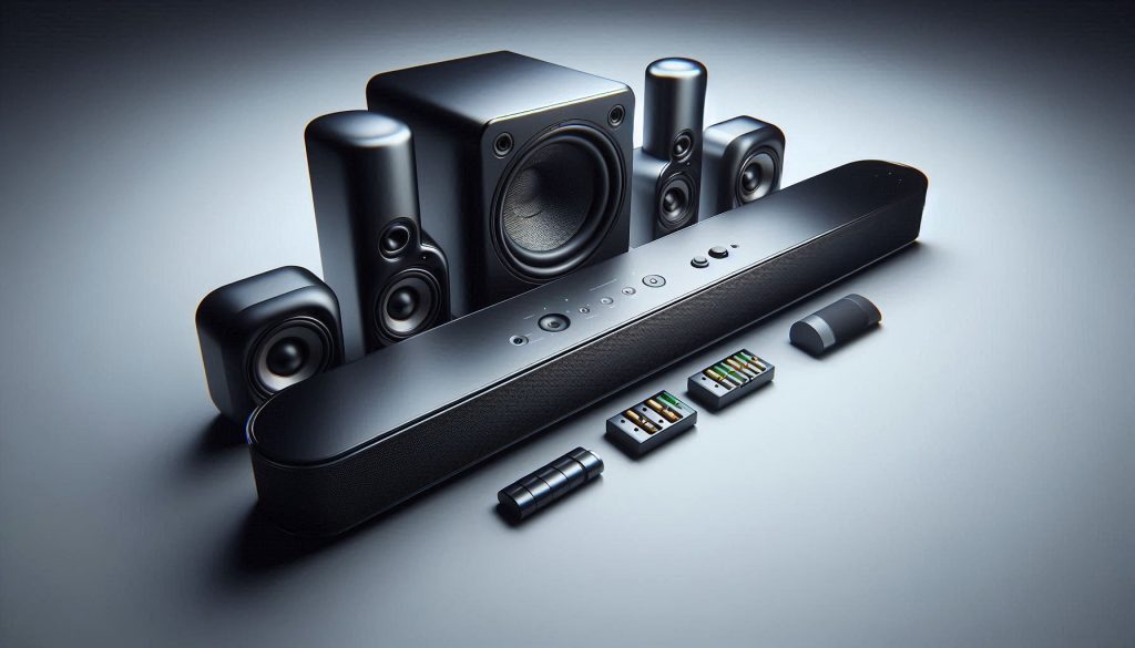 Budget soundbar system with wireless rear speakers and subwoofer, shown for hardware-focused troubleshooting and maintenance visualization.