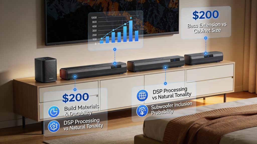 luxury bedroom showing compact soundbars under $200 compared by bass extension, cabinet size, build materials, dsp processing, and subwoofer inclusion, with visual graphs and icons illustrating performance tradeoffs, hyper-realistic cinematic lighting