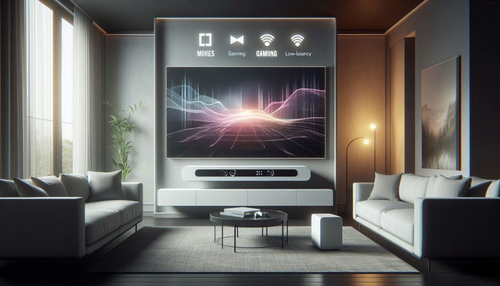 White Dolby Atmos soundbar and subwoofer optimized for movies, gaming, and music with visual sound modes and use-case tuning overlays.