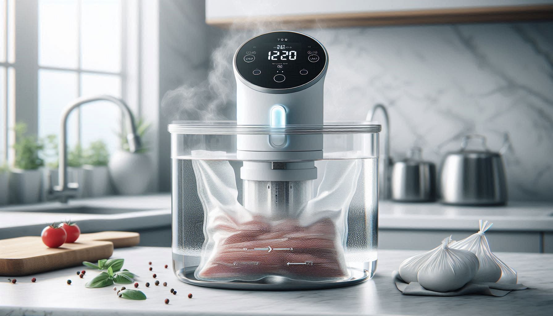 Sous vide circulator demonstrating even water circulation and precise temperature control in a clear cooking container.