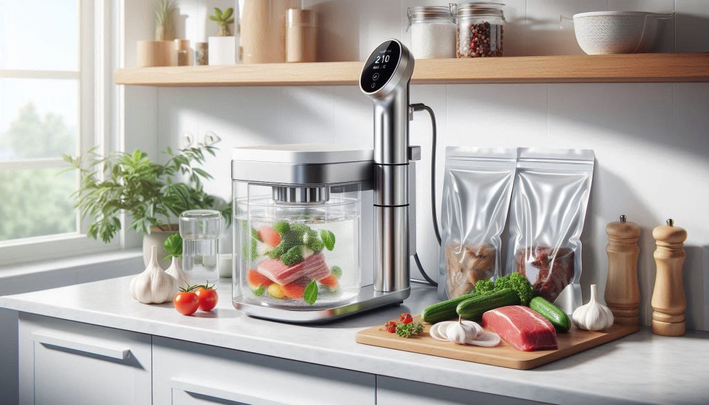 A sous-vide immersion circulator cooking vacuum-sealed meat and vegetables in a white kitchen.