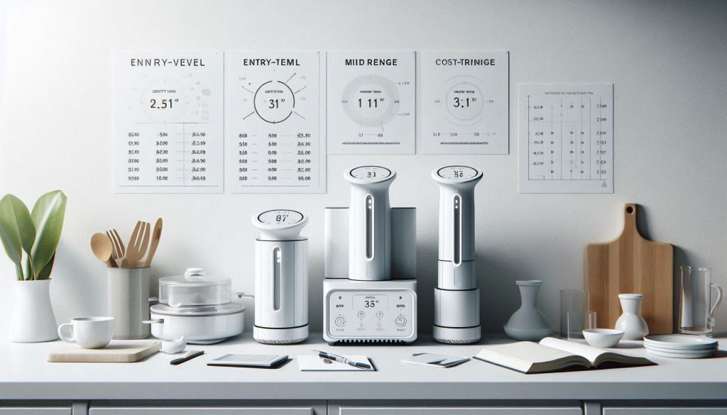 Comparison of sous vide circulators by price tier and cost-per-use in a white modern kitchen.