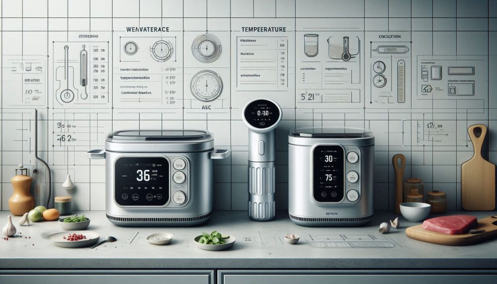 Comparison of sous vide circulator specifications including wattage, temperature range, and control precision.
