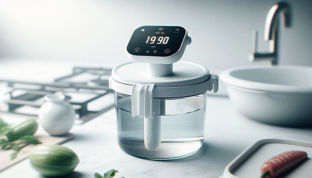 Sous vide circulator usability showing clear display, physical controls, and ergonomic clamp design