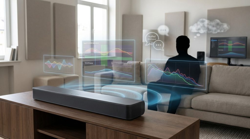 Hyper-realistic visualization explaining soundbar speech clarity and intelligibility metrics.