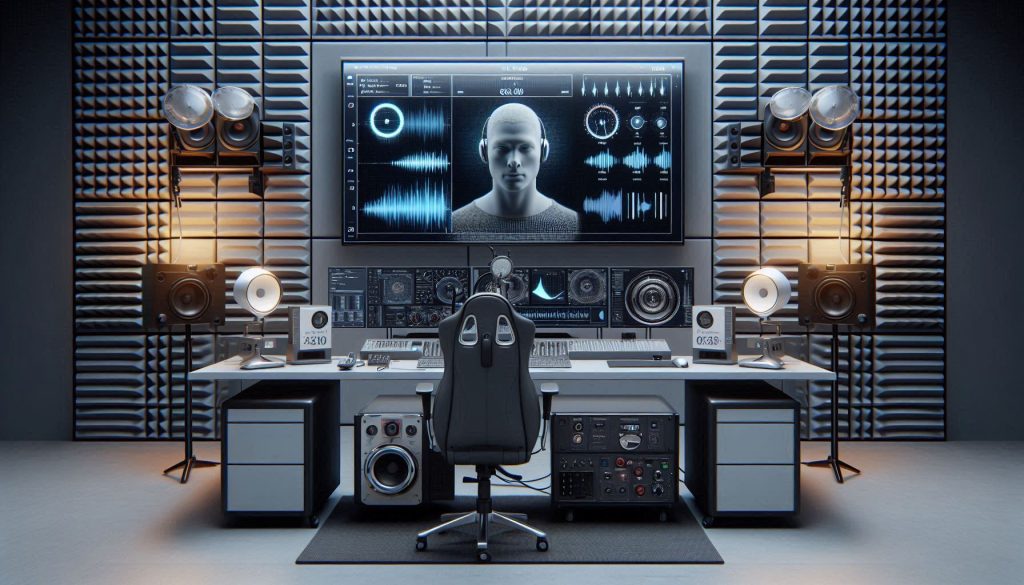 Hyper-realistic lab setup showing how soundbar speech clarity and intelligibility are measured.