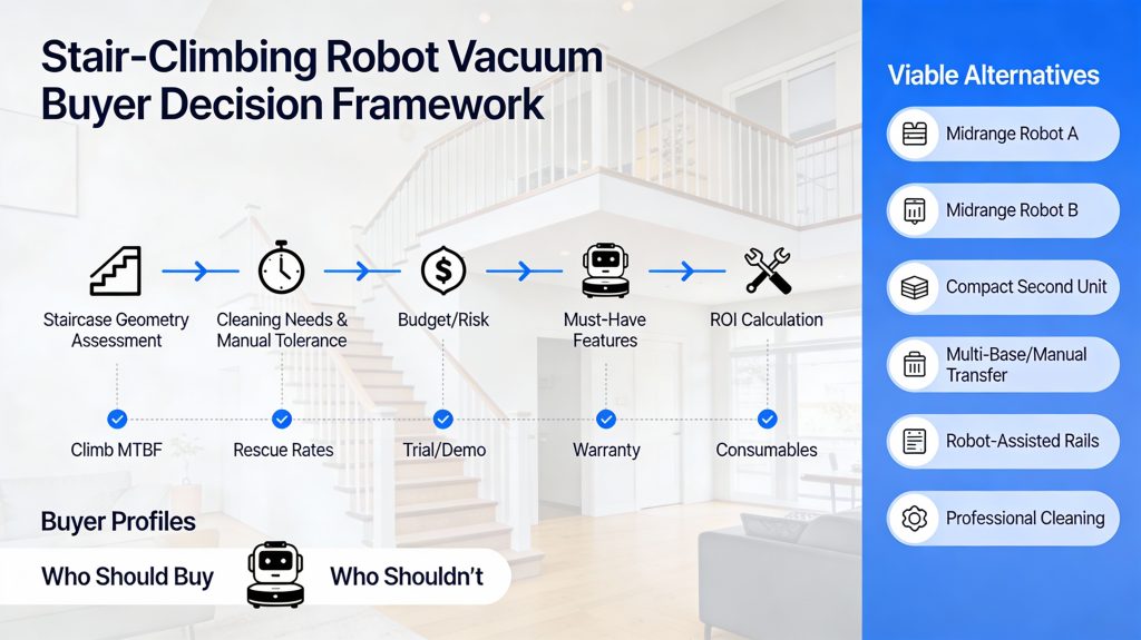 Infographic showing decision framework for stair-climbing robot vacuums, including step-by-step checklist, buyer profiles, viable alternatives, and negotiation tips.