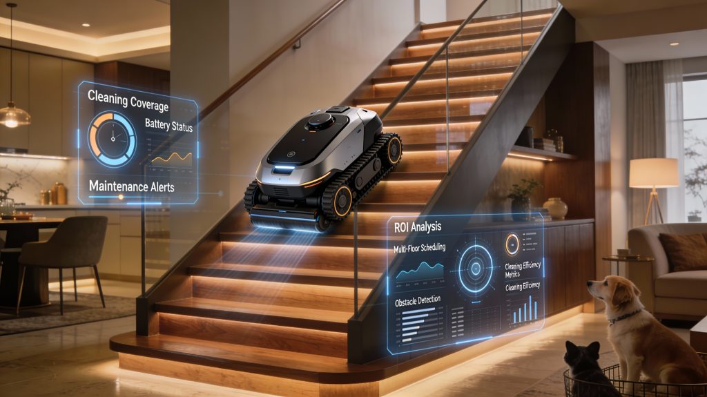 Luxury home with stair-climbing robot vacuums in action showing cleaning efficiency, mapping, navigation, and climb success metrics.