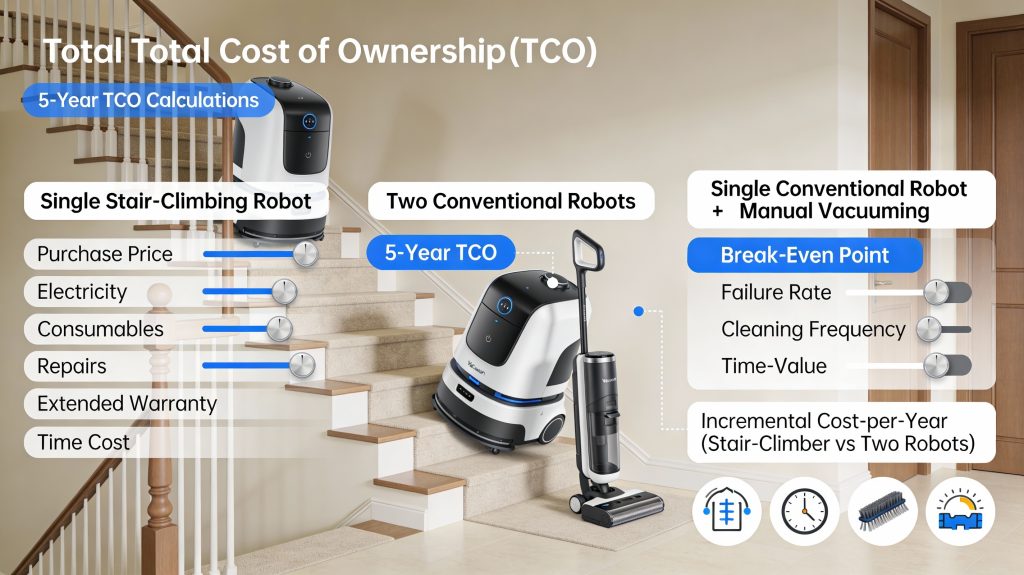 Infographic comparing 5-year total cost of ownership and ROI for stair-climbing robot vacuums versus two conventional robots or manual vacuuming, showing purchase, operating costs, repairs, consumables, and time savings.