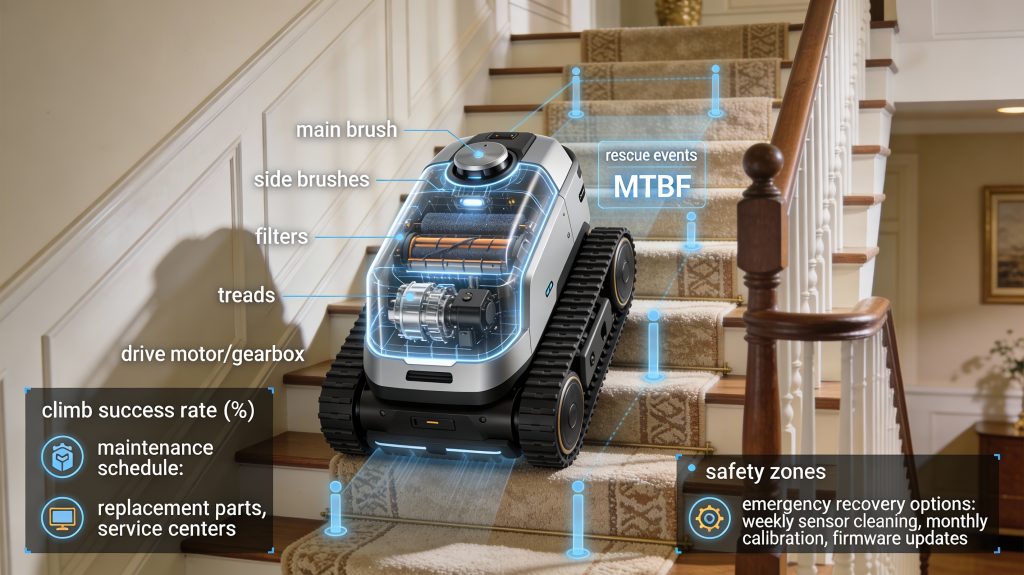 Luxury home staircase with stair-climbing robot vacuum showing worn parts, maintenance schedule, climb reliability metrics, and safety zones for pets and children.