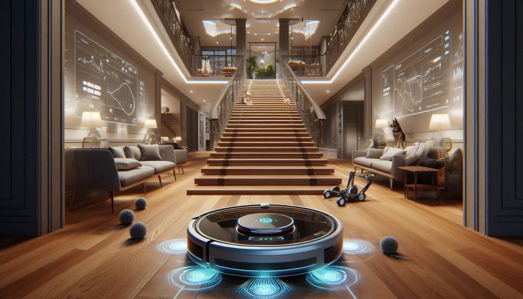 Luxury multi-level home with a stair-climbing robot vacuum ascending stairs, smart dashboards show cleaning metrics and safety features.