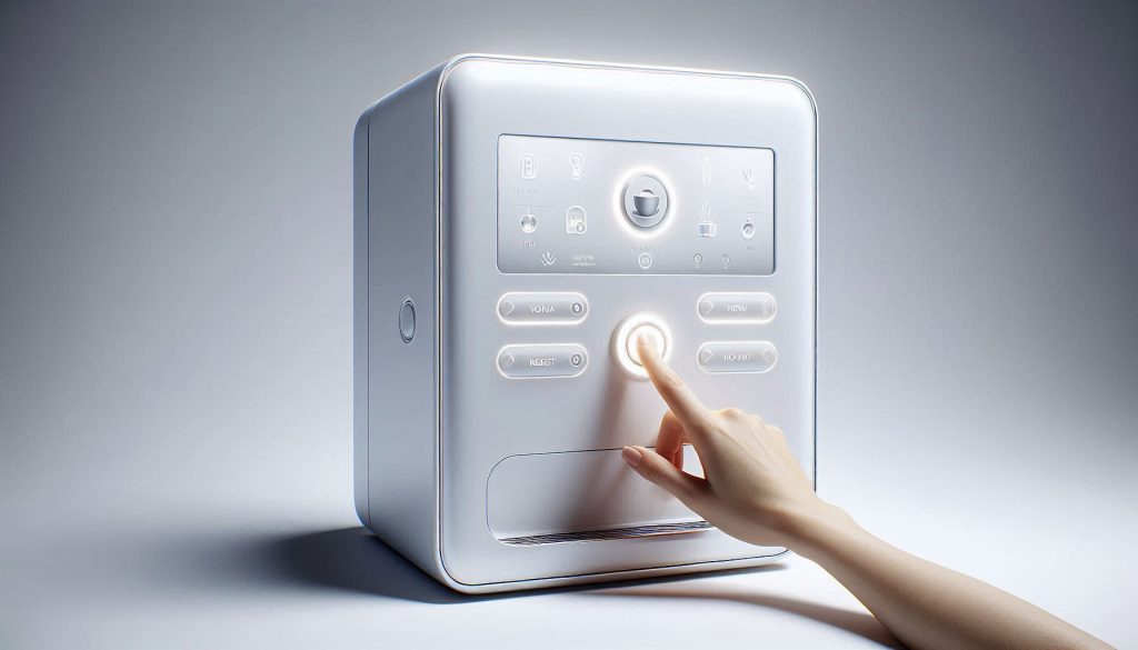 hyper-realistic white scene of a user resetting a smart coffee machine using menu controls