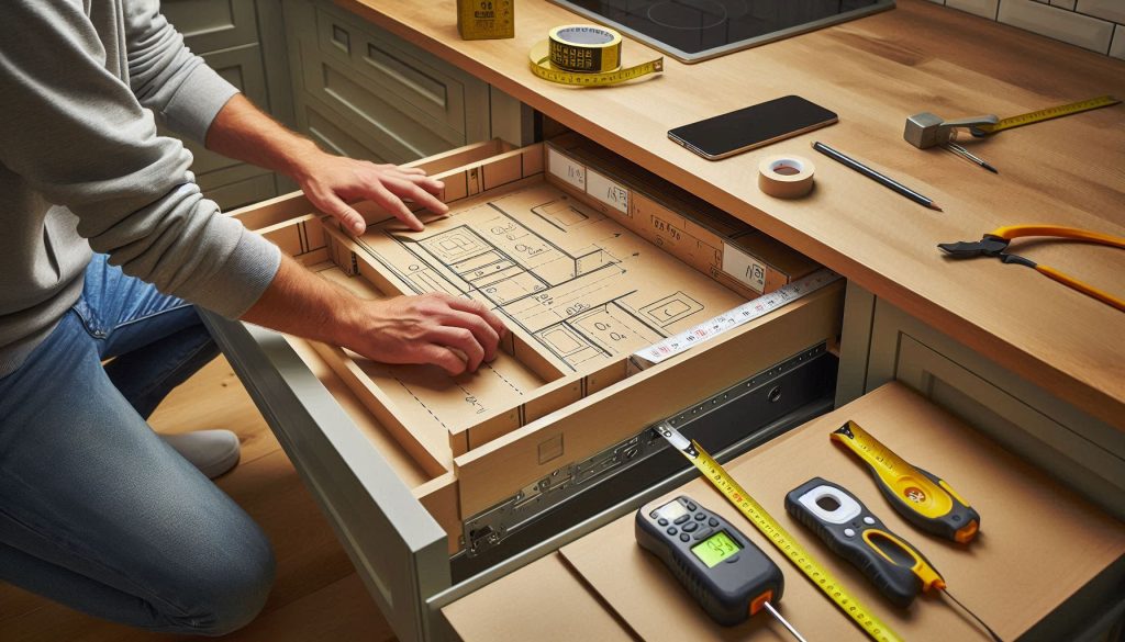 Kitchen countertop and drawer being measured and marked with a cardboard template for hidden charging station installation.