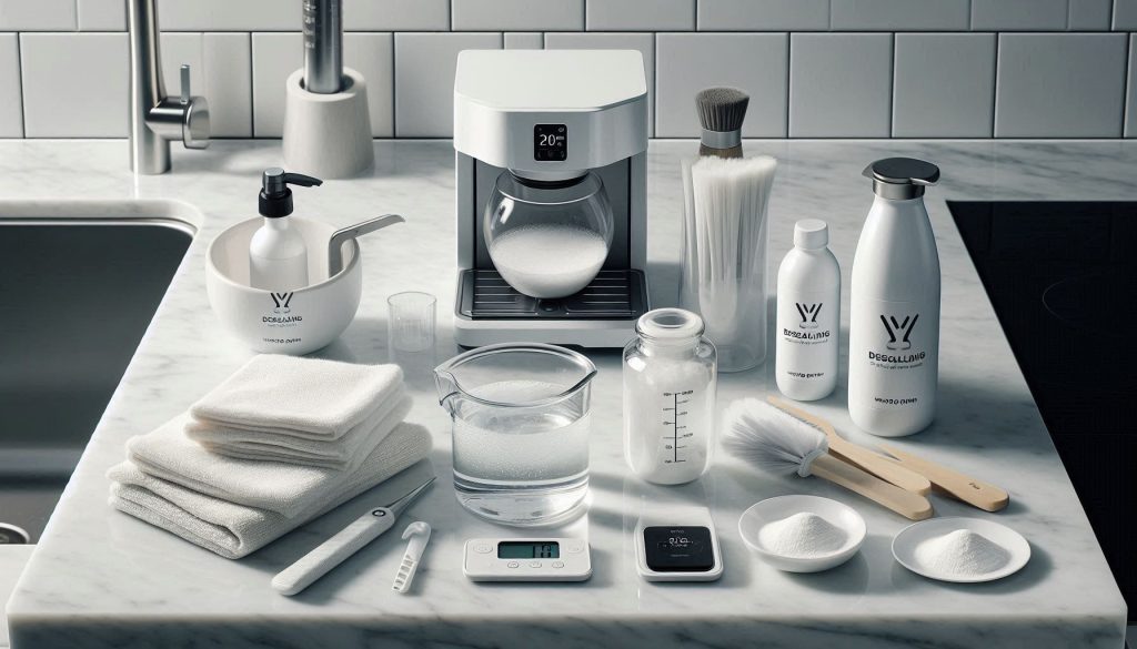 Approved descaling supplies prepared for a Spinn coffee maker maintenance routine