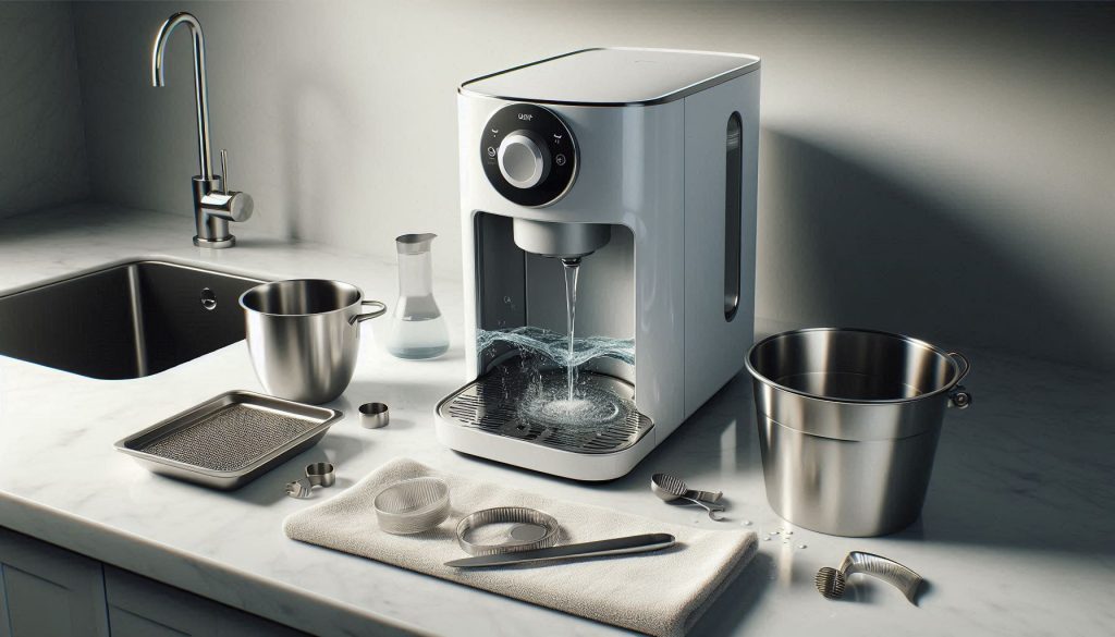 Preparing a Spinn coffee maker for a pre-descale rinse with removed water tank and parts