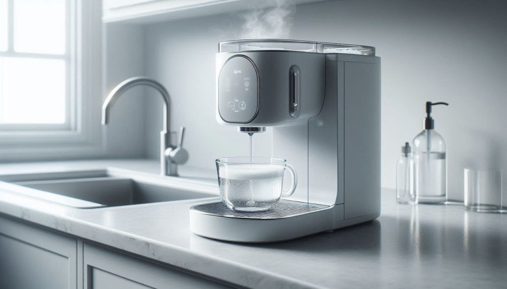 Spinn coffee maker running a descaling cycle with liquid dispensing into a container