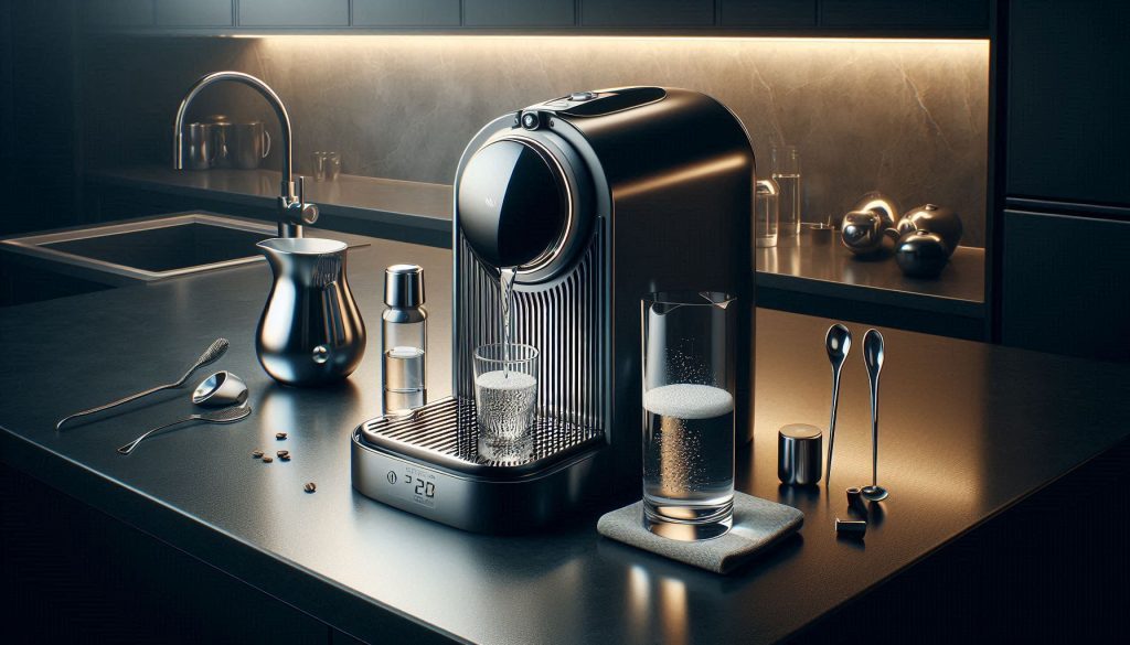 nespresso vertuo next running a descaling cycle with a glass container in a luxury kitchen setting