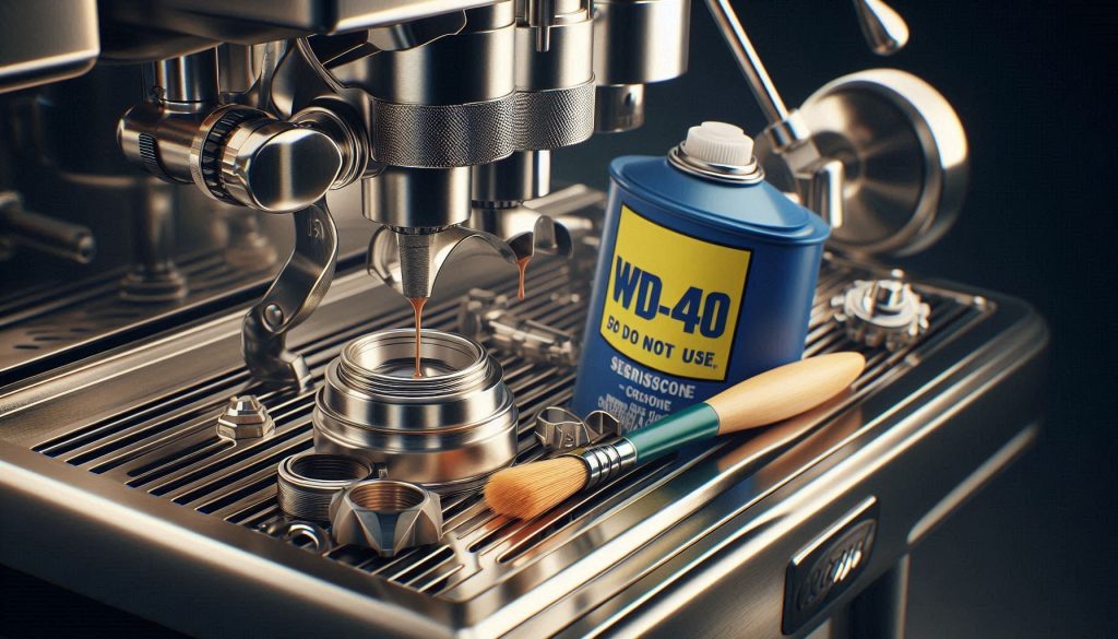 Hyper-realistic image showing food-grade grease being applied to a premium espresso machine group head, with a WD-40 can pushed aside, emphasizing safe lubrication for coffee machines.