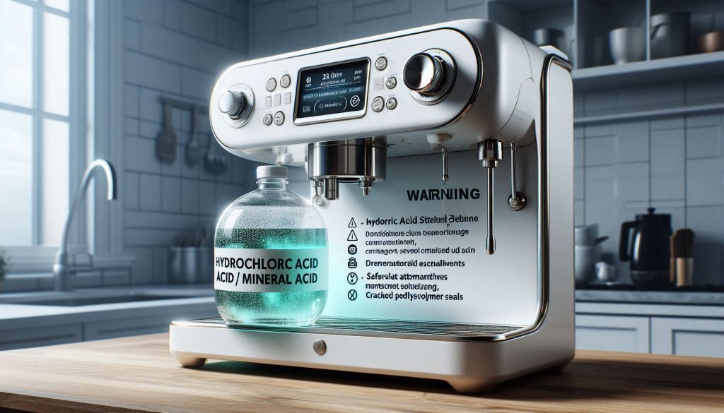 White espresso machine with hydrochloric acid bottle, warning symbols for metal corrosion, damaged seals, and sensors; inset shows safe cleaning alternatives.