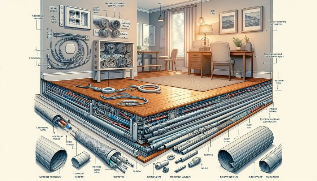 Surface-mounted raceways and paintable cord covers hiding home theater cables without cutting drywall