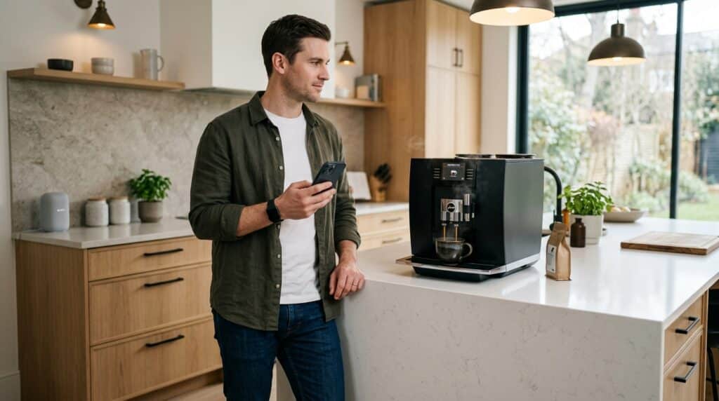 Homeowner controlling a smart coffee machine through a connected smart home.