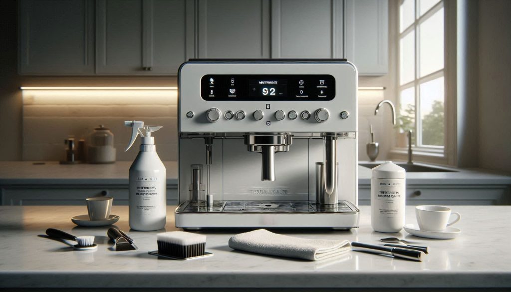 White Terra Kaffe TK-02 smart coffee machine in a modern kitchen with descaling tools arranged nearby for maintenance.