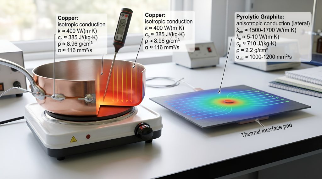 Copper pan conducts heat vertically while a graphite sheet spreads heat laterally, with numeric labels for k, cp, ρ, and α, illustrating thermal diffusivity differences.