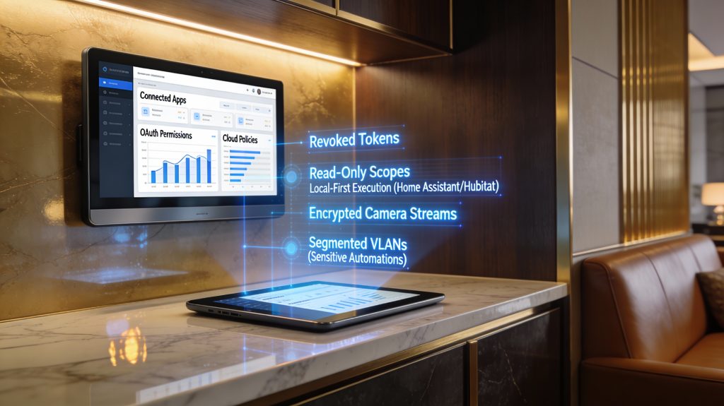 Luxury smart home control panel showing third-party app audits, OAuth permissions, local-first automation, and encrypted cloud settings.