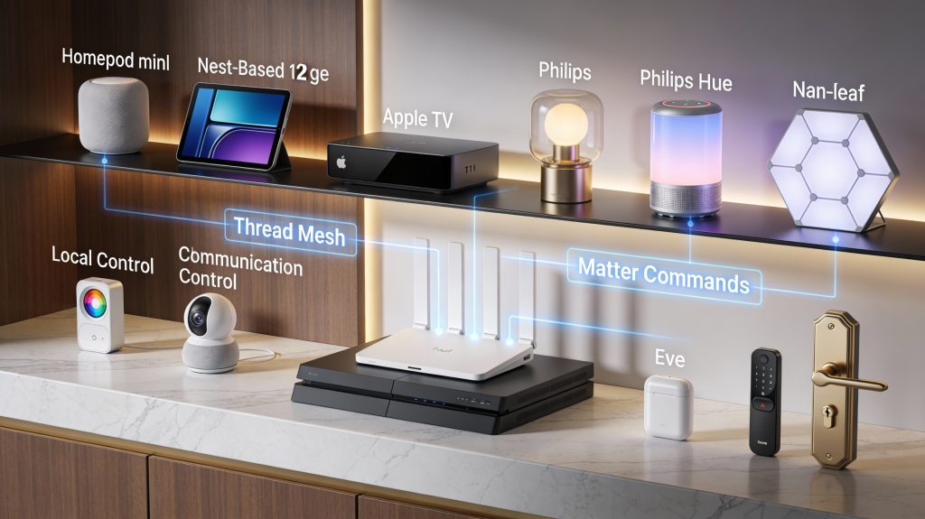 Luxury smart home with HomePod mini, Nest Hub 2nd gen, Apple TV, Nanoleaf panels, Philips Hue lights, Eve sensors, and smart locks interconnected via Thread and Matter, showing local and cloud communication flows.