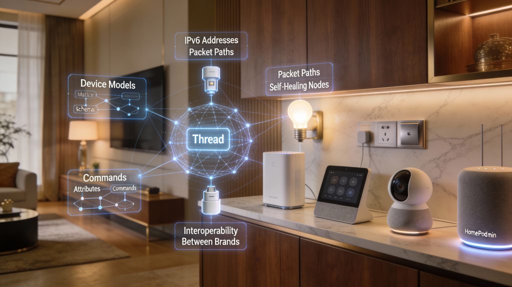 luxury smart home showing thread mesh network with battery sensors and smart bulbs, and matter overlays illustrating device models and cross-brand control