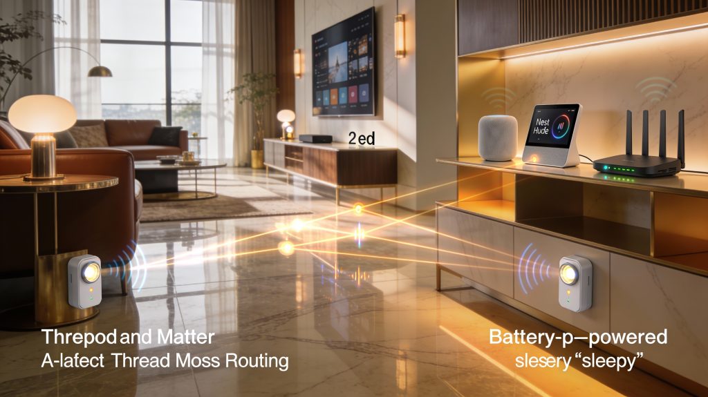 Luxury smart home interior with integrated Thread and Matter devices, ambient lighting, HomePod mini, Nest Hub 2nd gen, routers, sensors, and smart bulbs, showing data flow and connectivity.