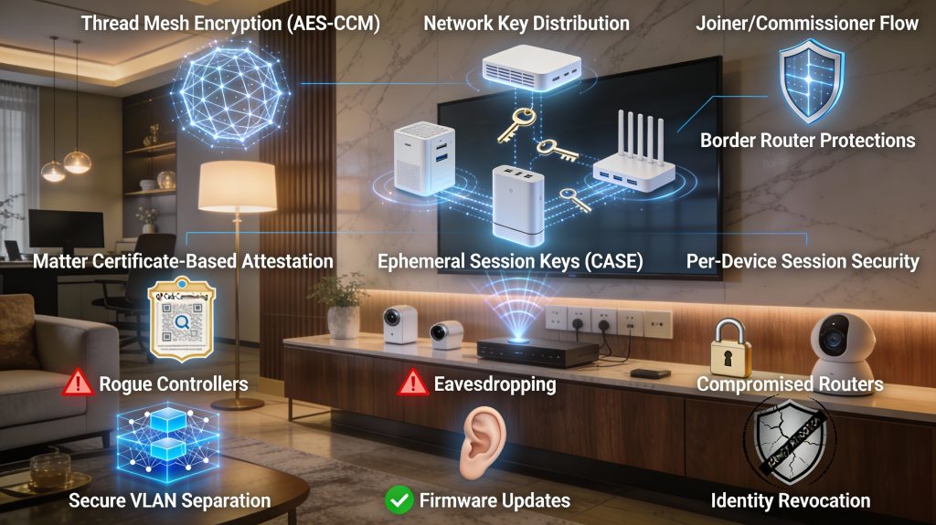 luxury smart home with holographic overlays showing Thread AES-CCM encryption, Matter certificate-based security, QR commissioning, and threat protection