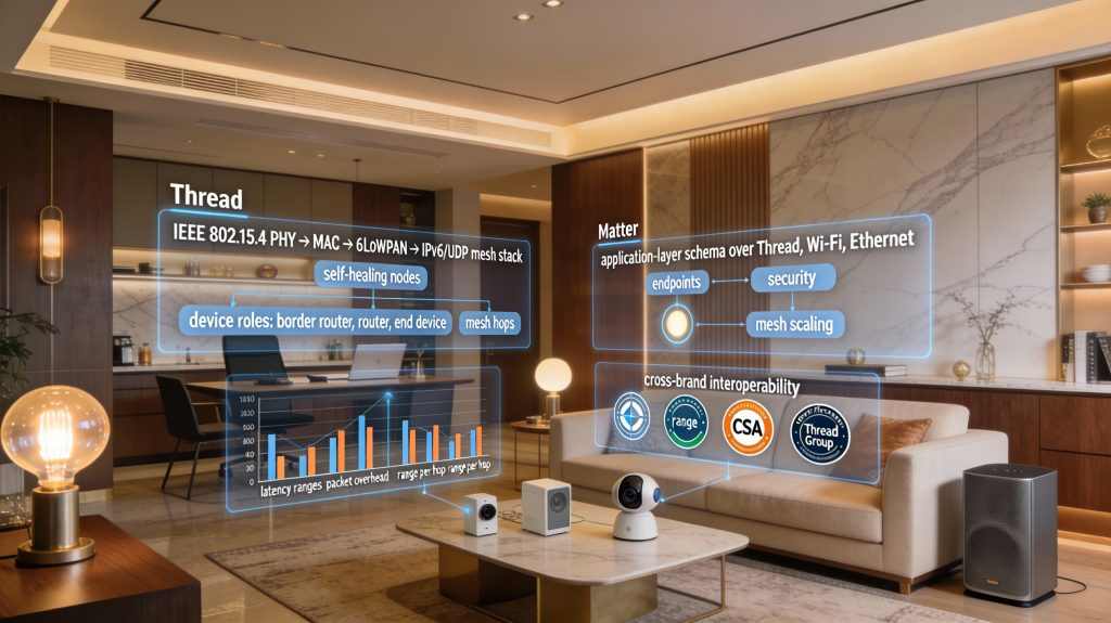 luxury smart home with holographic overlays comparing Thread mesh protocol and Matter application layer, showing device roles, latency, packet overhead, and mesh scaling
