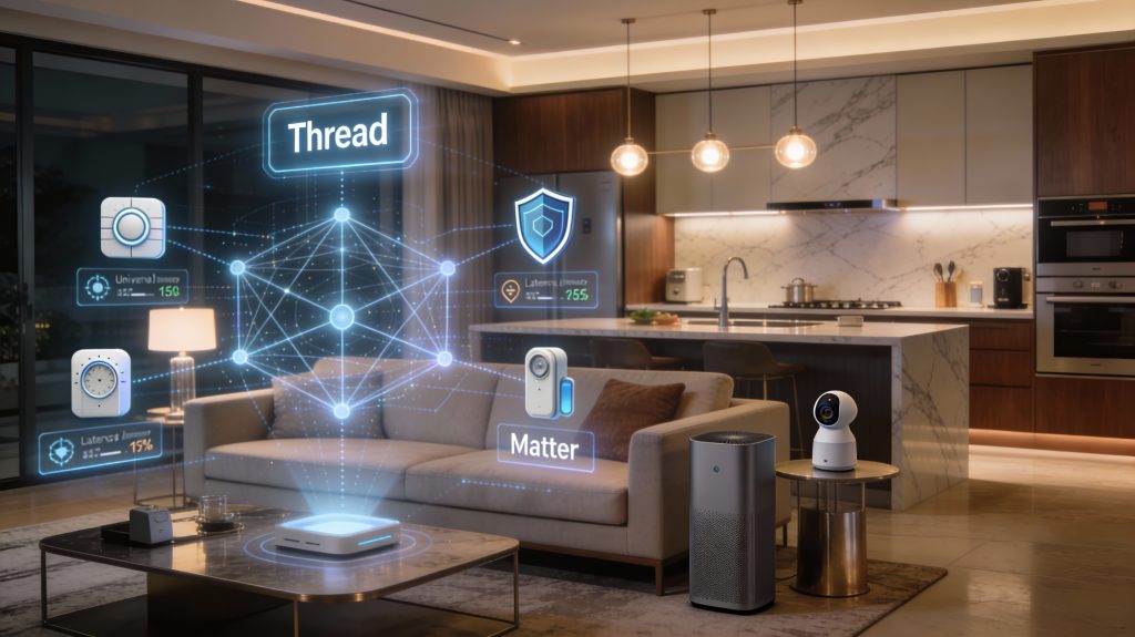 luxury smart home showing thread mesh network and matter protocol connecting multiple devices with data overlays and security indicators