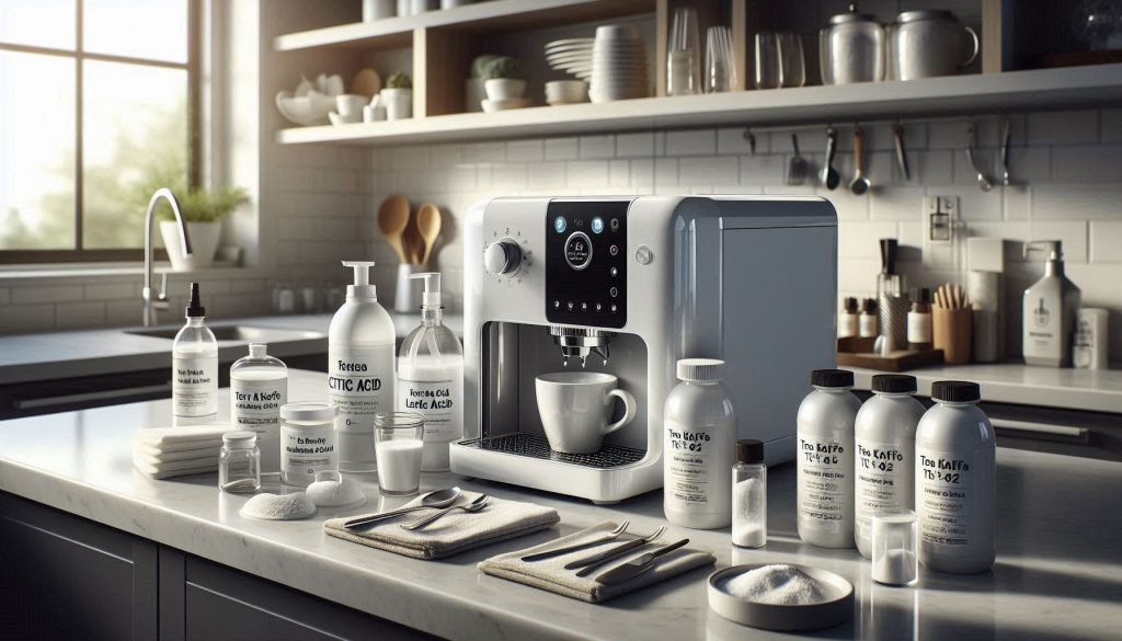 White Terra Kaffe TK-02 smart coffee machine in a modern kitchen with descaling solutions, powders, measuring tools, and cleaning supplies neatly arranged.